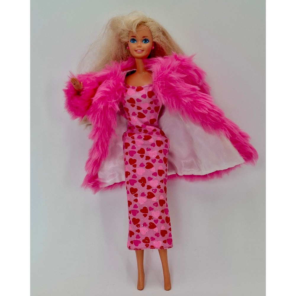 Vintage Mattel Barbie Doll 12in Blonde Pink Heart Dress Faux Fur Coat 1966